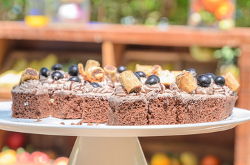Chocolate cake on white plate