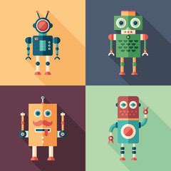 Set of intelligent robots flat square icons with long shadows.