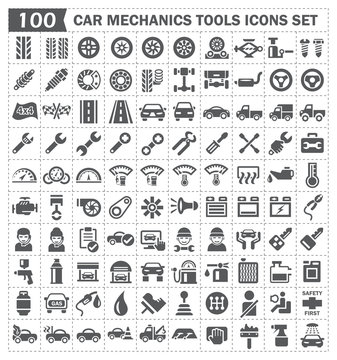 Car mechanic tool and automotive icon. Consist of service and repair work. Including spare part i.e. engine, battery, transmission, piston, tire, steering etc. For garage and shop and logo element.