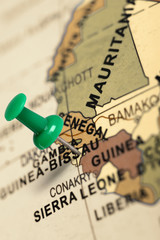Location Guinea Bissau. Green pin on the map.