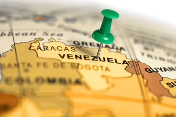 Vlies Fototapete Südamerika Standort Venezuela. Grüner Stift auf der Karte.