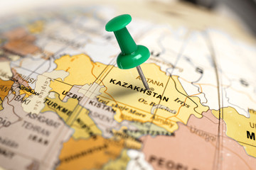 Location Kazakhstan. Green pin on the map. - obrazy, fototapety, plakaty