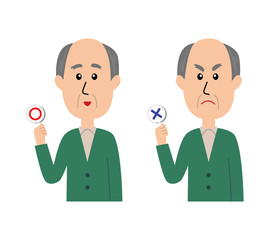 Obraz premium Two pose variations of elderly man with yes and no signs