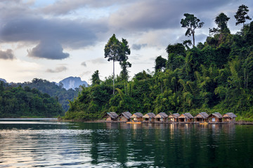 Bamboo huts floating in a Thai village, Cheow Lan Lake