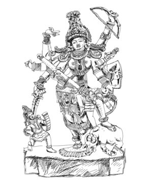 Hindu God winning the battle with demons. Sketch