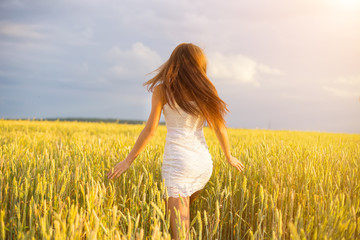 beautiful woman run away in yellow wheat field