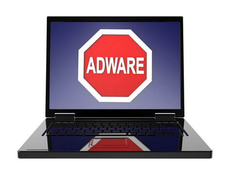 Adware warning sign on laptop screen. 
