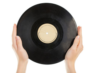 Two hands hold Vinil Record white isolated.