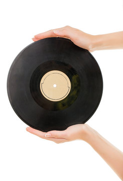 Two hands hold Vinil Record white isolated.