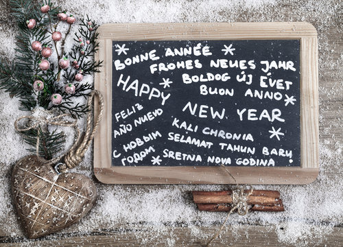 "Happy new year" in different languages on a chalkboard