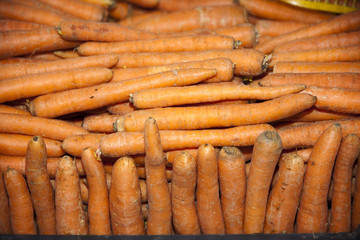 Freshly picked carrots on market stall