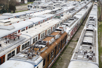 Unused old trains on disused line at Haydarpasa train station