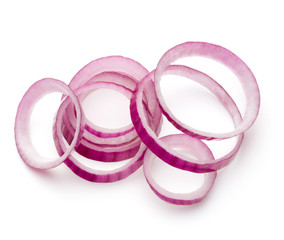 Sliced red onion rings isolated on white background cutout
