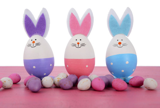 Pink, purple and blue Easter bunny eggs 