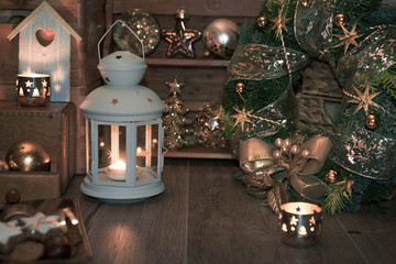 Christmas decoratons on vintage kitchen