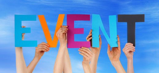 Many People Hands Holding Colorful Straight Word Event Blue Sky