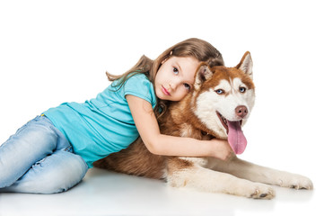 Girl with a husky, isolated on white