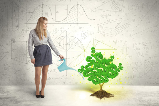 Business Woman Watering A Growing Green Dollar Sign Tree