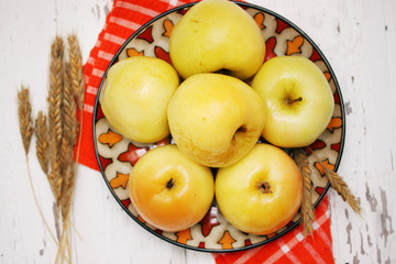 apples on a white board, top view