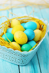 blue basket of eggs