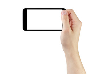 adult man hand taking photo with generic smartphone, isolated