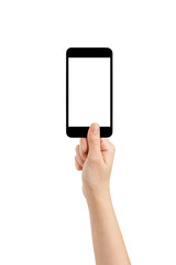 female teen hand taking photo with generic smartphone, isolated