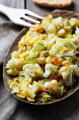 Cooked healthy vegetables on the wooden table