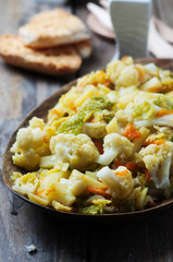 Cooked healthy vegetables on the wooden table