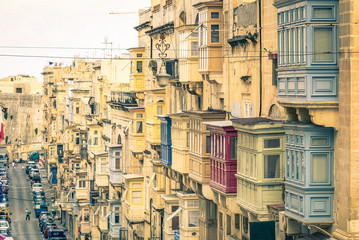 Vintage buildings and balconies in La Valletta capital of Malta