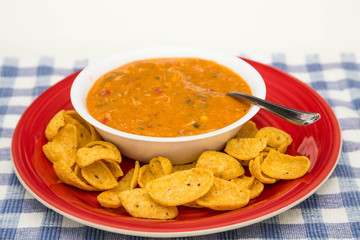 Chicken Tortilla Soup on Red Plate with Chips