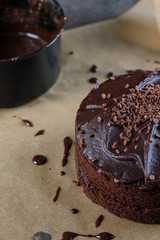 decarating chocolate homemade cake, overhead