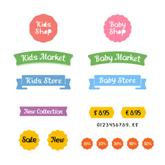 Stylish set of logos, icons and stickers for Kids Shop