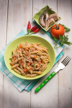 pasta with tuna anchovies tomato and hot chili pepper