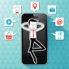 Vector of businessman lie on smartphone with application icon.