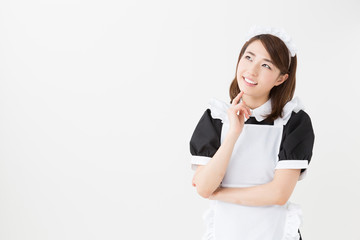young asian waitress on white background