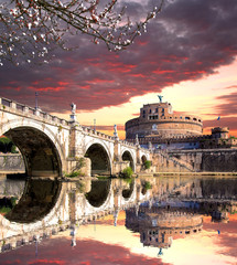 Angel Castle with bridge on Tiber river in Rome, Italy - obrazy, fototapety, plakaty