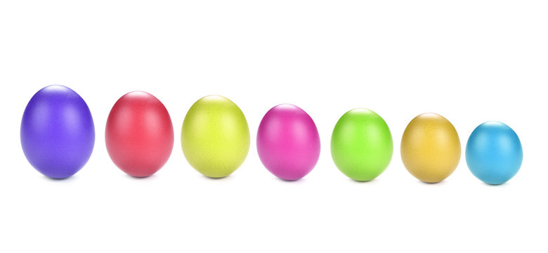 Eggs dyed colourful on white background