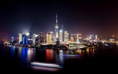 Papier Peint photo Ville sur leau Ville de Shanghai aux lumières vives