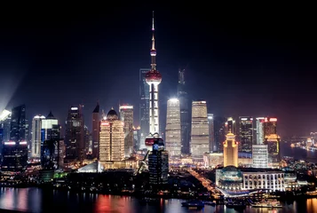 Papier Peint photo autocollant Ville sur leau Shanghai city with bright lights