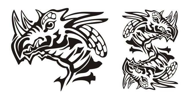 Tribal horned dragon head and dragon symbol in the dollar form