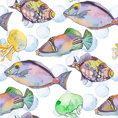 Naklejka premium Sea pattern. Tropical fish. jellyfish. Ocean vector.