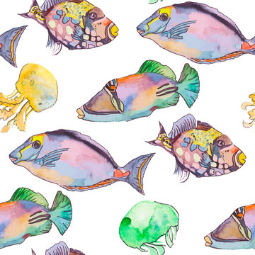 Sea pattern. Tropical fish. jellyfish. Ocean vector.