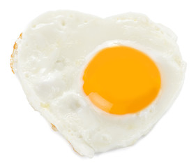 Heart made of fried egg on teflon pan isolated