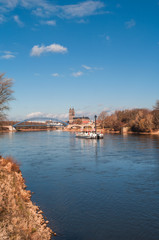 View on Magdeburg Cathedral, New Bridge and an old ferry on rive