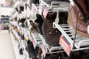 Cheap shoes in a supermarket, labels contain no protected info
