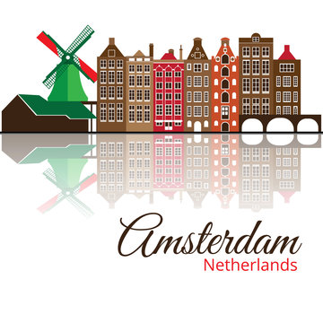 Colorized vector silhouette of Amsterdam. City skyline.