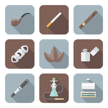 colored flat style various tobacco goods tools icons set