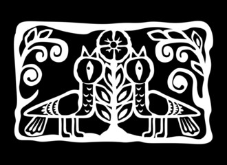 Ethnic birds totem with flower. Black and white style.