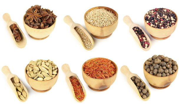 Collage of different spices in bowls isolated on white