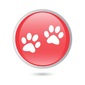 Paw sign icon. Dog pets steps symbol. red glossy button